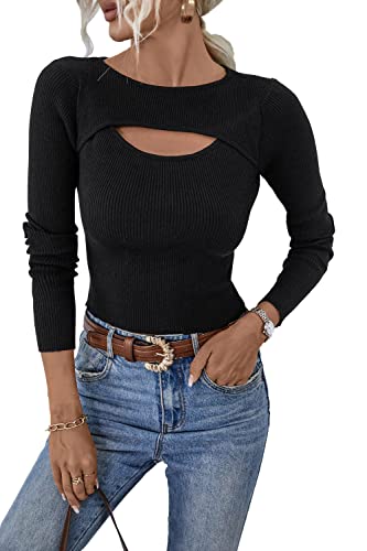 MOONSIROLI Damen Langarmshirt Pullover Strickpullover Sweatershirt Oberteil Bluse Tshirt Wickelpullover Damen (S Schwarz) von MOONSIROLI