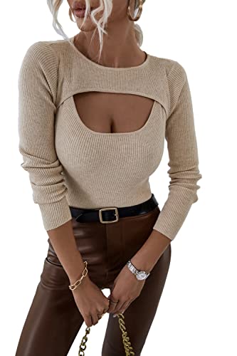 MOONSIROLI Damen Langarmshirt Pullover Strickpullover Sweatershirt Oberteil Bluse Tshirt Wickelpullover Damen (XL Khaki) von MOONSIROLI