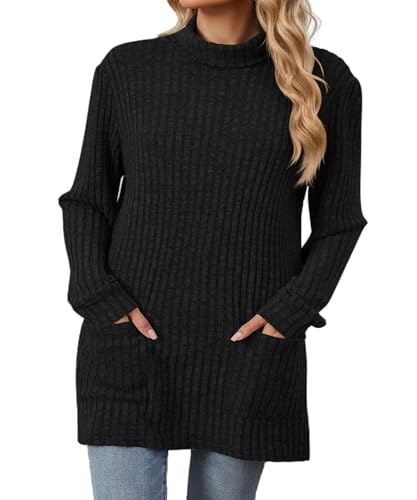 MOONSIROLI Damen Pullover Elegant Rollkragenpullover Long Sleeve Pulli Rundhals Sweater Sweatshirt Strickpullover Herbst Winter(Black-01 M) von MOONSIROLI