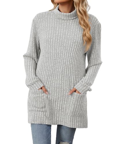 MOONSIROLI Damen Pullover Elegant Rollkragenpullover Long Sleeve Pulli Rundhals Sweater Sweatshirt Strickpullover Herbst Winter(Light Gray 2XL) von MOONSIROLI