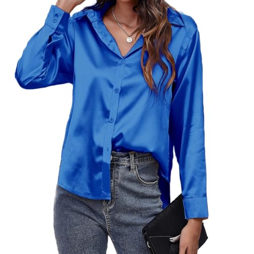 MOONSIROLI Satin Bluse Damen Langarm Casual Seidenbluse Elegant Langarmshirt Shirts Büro Button Down Hemd Top (Baolan XL) von MOONSIROLI