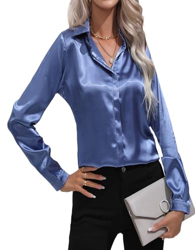 MOONSIROLI Satin Bluse Damen Langarm Casual Seidenbluse Elegant Langarmshirt Shirts Büro Button Down Hemd Top (Blau-01 S) von MOONSIROLI