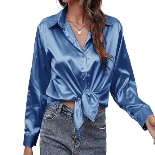 MOONSIROLI Satin Bluse Damen Langarm Casual Seidenbluse Elegant Langarmshirt Shirts Büro Button Down Hemd Top (Blau M) von MOONSIROLI