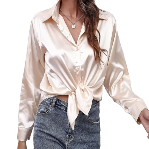MOONSIROLI Satin Bluse Damen Langarm Casual Seidenbluse Elegant Langarmshirt Shirts Büro Button Down Hemd Top (Champagner XL) von MOONSIROLI