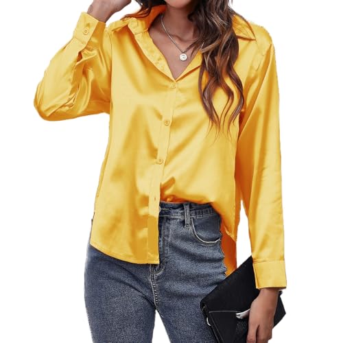 MOONSIROLI Satin Bluse Damen Langarm Casual Seidenbluse Elegant Langarmshirt Shirts Büro Button Down Hemd Top (Gelb XL) von MOONSIROLI