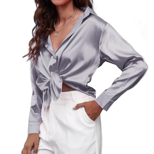 MOONSIROLI Satin Bluse Damen Langarm Casual Seidenbluse Elegant Langarmshirt Shirts Büro Button Down Hemd Top (Grau M) von MOONSIROLI