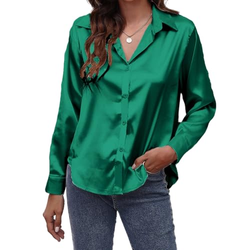 MOONSIROLI Satin Bluse Damen Langarm Casual Seidenbluse Elegant Langarmshirt Shirts Büro Button Down Hemd Top (Grün L) von MOONSIROLI