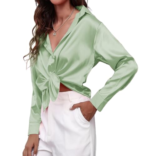MOONSIROLI Satin Bluse Damen Langarm Casual Seidenbluse Elegant Langarmshirt Shirts Büro Button Down Hemd Top (Hellgrün S) von MOONSIROLI