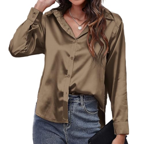 MOONSIROLI Satin Bluse Damen Langarm Casual Seidenbluse Elegant Langarmshirt Shirts Büro Button Down Hemd Top (Khaki L) von MOONSIROLI