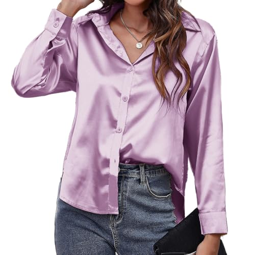 MOONSIROLI Satin Bluse Damen Langarm Casual Seidenbluse Elegant Langarmshirt Shirts Büro Button Down Hemd Top (Lila XL) von MOONSIROLI