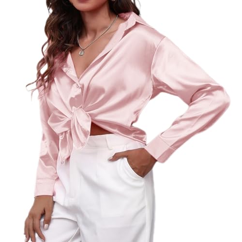 MOONSIROLI Satin Bluse Damen Langarm Casual Seidenbluse Elegant Langarmshirt Shirts Büro Button Down Hemd Top (Rosa L) von MOONSIROLI
