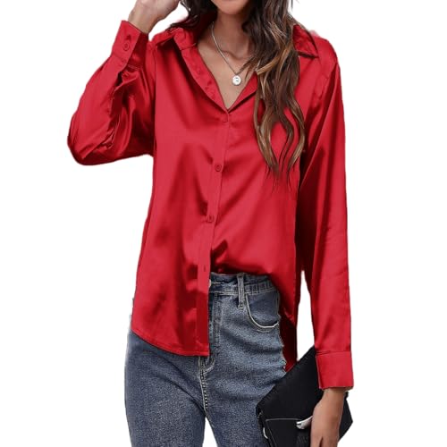 MOONSIROLI Satin Bluse Damen Langarm Casual Seidenbluse Elegant Langarmshirt Shirts Büro Button Down Hemd Top (Rot-01 S) von MOONSIROLI