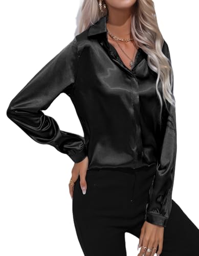 MOONSIROLI Satin Bluse Damen Langarm Casual Seidenbluse Elegant Langarmshirt Shirts Büro Button Down Hemd Top (Schwarz-01 S) von MOONSIROLI