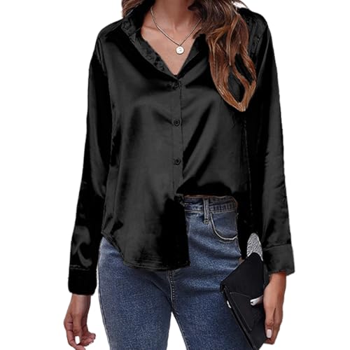 MOONSIROLI Satin Bluse Damen Langarm Casual Seidenbluse Elegant Langarmshirt Shirts Büro Button Down Hemd Top (Schwarz XL) von MOONSIROLI