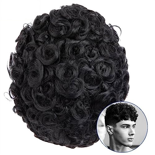 Haar Toupet Männer 20 mm lockiges Toupet for Männer, 0,1 mm PU-Hautbasis-Haar-Toupet, atmungsaktive männliche Haarprothese, schwarze Echthaar-Ersatzsysteme, Einheit, Herren-Perücke Herren-Toupet (Col von MOOWI