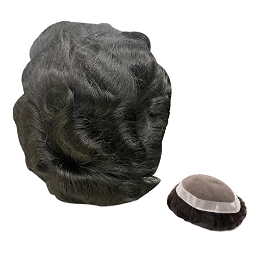 Haar Toupet Männer Fine Mono NPU Base Herren-Toupet Indisches Haarersatzsystem 110-130% Dichte Langlebiges gewelltes Echthaar-Toupet-Haarteil for Männer Herren-Toupet (Color : Wave Toupee 1B05 110% von MOOWI