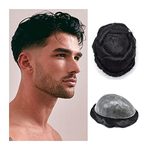 Haar Toupet Männer Toupet for Männer, Echthaar, langlebiges Ersatzsystem, 0,1–0,12 mm dünn, transparent, eingespritzte PU-Haut, männliche Perückeneinheit, tiefschwarze Herren-Toupet-Haarteile Herren-T von MOOWI