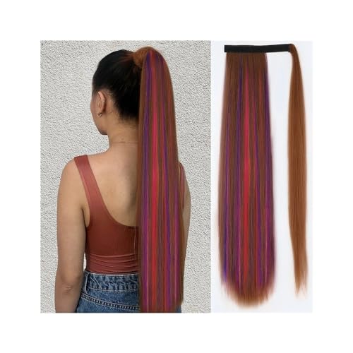 Haarteil Ponytail Gerade Yaki-Pferdeschwanzverlängerung, 71,1 cm, lange Pferdeschwanzverlängerung, bunte Highlights, for Anklipsen, synthetisches Fake-Pferdeschwanz-Haarteil for Frauen Ponytail Extens von MOOWI