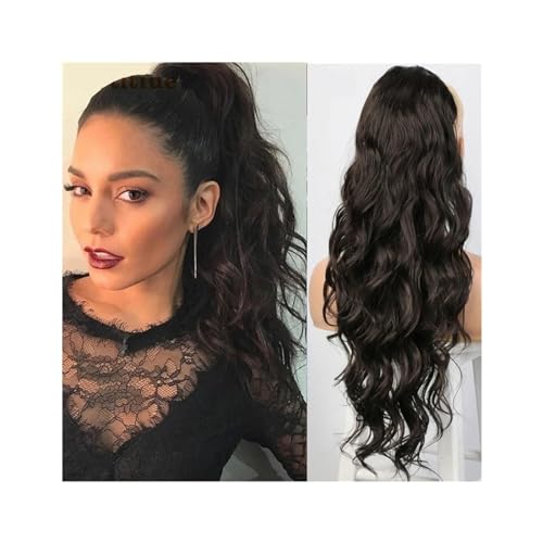 Haarteil Ponytail Langer gewellter Kordelzug-Pferdeschwanz for Frauen, 20,3–61 cm, natürliches schwarzes Echthaar, Pferdeschwanz-Verlängerung, Clip-in-Körperwelle, Remy-Haar, Pferdeschwanz-Haarteil Po von MOOWI