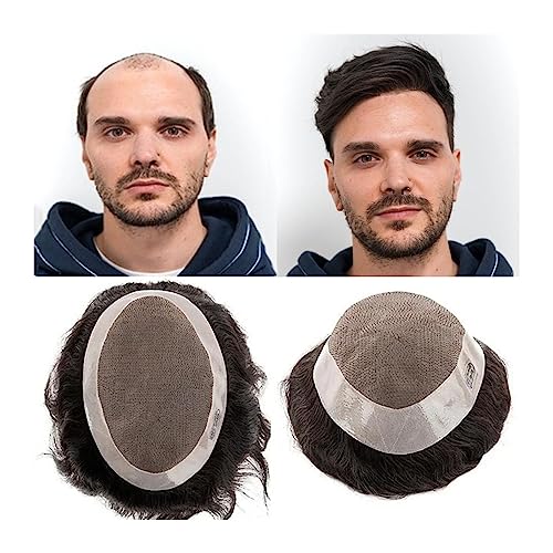 Haarteile für Männer Toupet for Männer, feines Mono-Echthaar-Toupet-Ersatzsystem mit PU-Umrandung for Männer, natürlicher Haaransatz, mittlere Dichte, langlebige männliche Haarprothese Echthaar Toupet von MOOWI