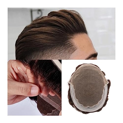 Haarteile für Männer Toupet for Männer, französische Spitze und PU-Basis, Herren-Toupet, 15,2 cm, Echthaar, Systemeinheit, Toupet, 30 Wellen, Perücke, mittlere Dichte, langlebige männliche Haarprothes von MOOWI