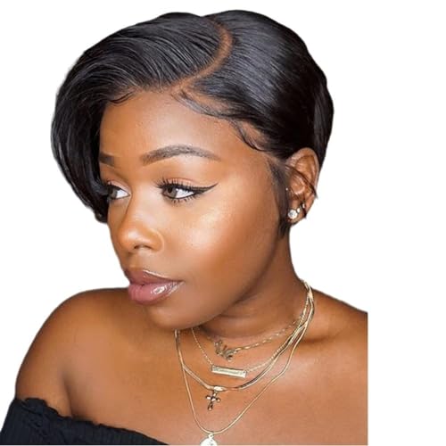 6 Zoll kurze Bob Pixie Perücke, kurze Bob Perücken mit seitlichem Pony, 13 x 4 x 1 Spitzenperücke, Echthaar, leimlose Perücke, for Frauen, tägliche Verwendung auf Partys, Cosplay.(Black) von MOPSHE