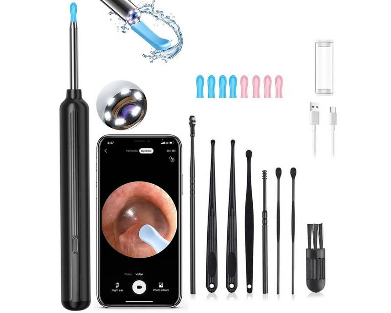 MOPUEA Elektrischer Ohrenreiniger 17-teiliges Set Ohrreiniger mit Kamera 6 LED Leuchten IP67 Wasserdicht, Ohrenschmalz-Entfernungsset mit Kamera, Ohrenschmalz entfernen, Bilder übertragen, für iOS und Android, 1296P Bildqualität, 360° Weitwinkel, 6-Achsen-Gyroskop von MOPUEA