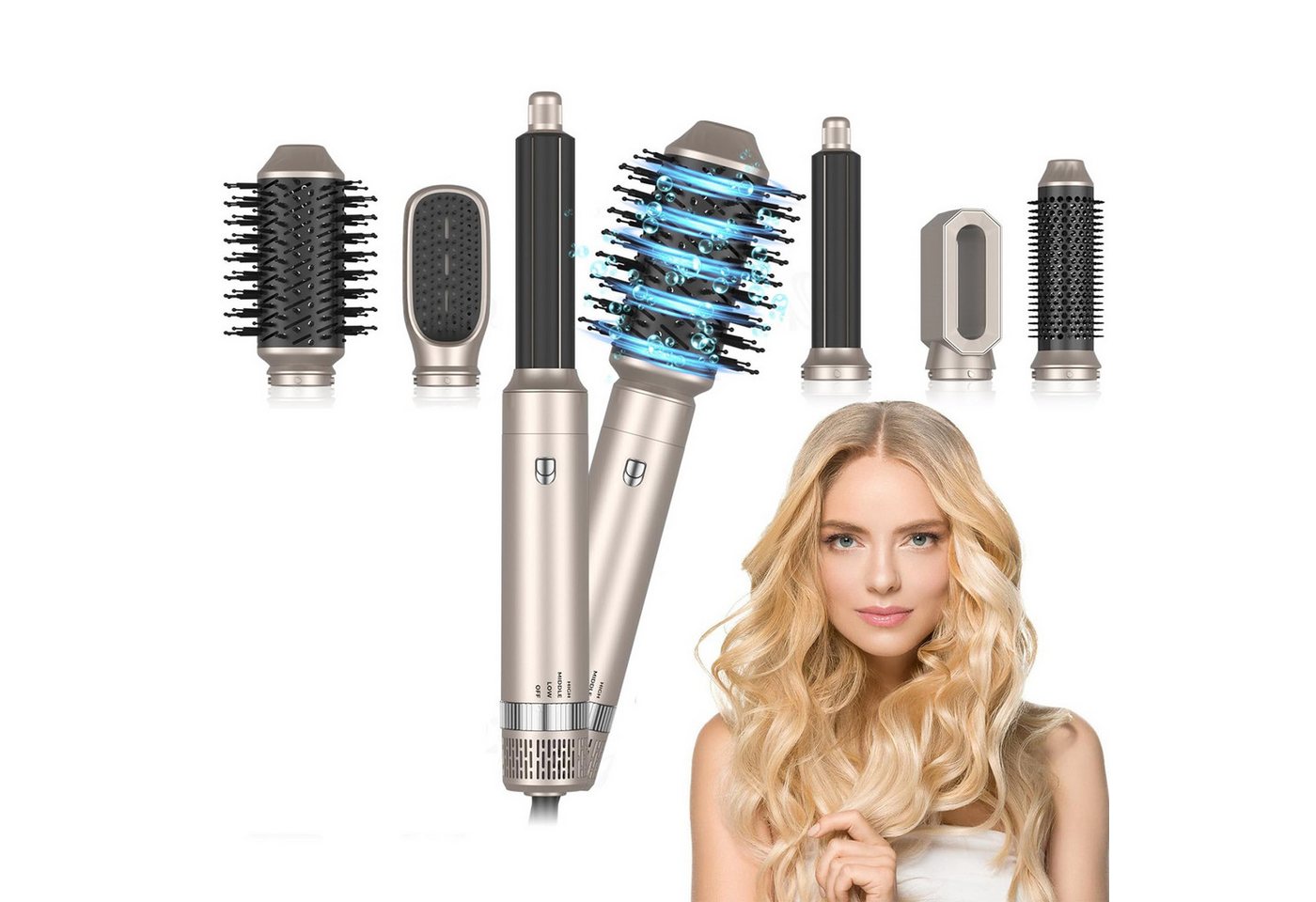 MOPUEA Glätt- und Lockenstab Warmluftbürste 6 in 1 Negativ-Ionen Technologie 3 Temperaturstufen, Negativ-Ionen-Technologie, 3 Temperaturstufen, wechselbare Aufsätze. von MOPUEA
