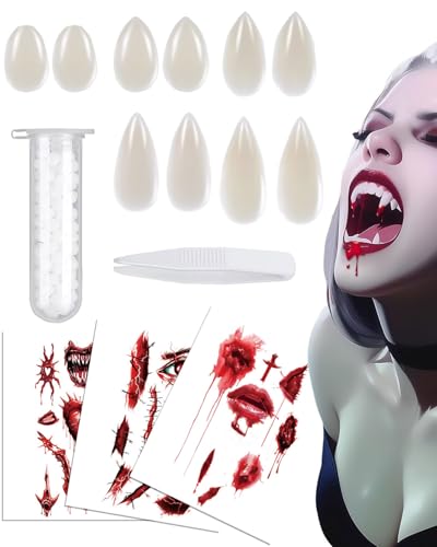 MOPZIJA 10 PCS vampirzähne, vampire fangs，5 Größen Vampir zähne, 3 PCS Halloween Tattoos, mit 1Tube Zahnpellets Kleber, 1pcs Pinzette，für Cosplay Party Requisiten Halloween Horror Party Reißzähne von MOPZIJA
