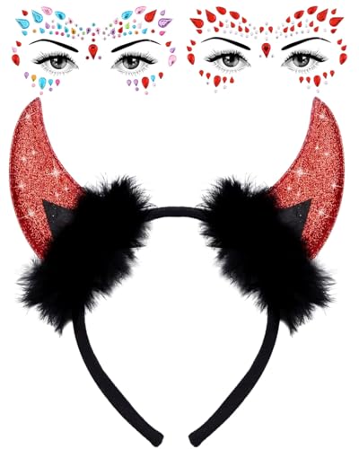 MOPZIJA 1PCS Karneval Halloween Deko Teufelshörner 2PCS Glitzer Tattoo Gesicht Steine,Teufel Hörner Haarschmuck Haarreifen Männer Damen Kinder,Karneval Halloween Cosplay Party Teufel Kostüm Zubehör von MOPZIJA