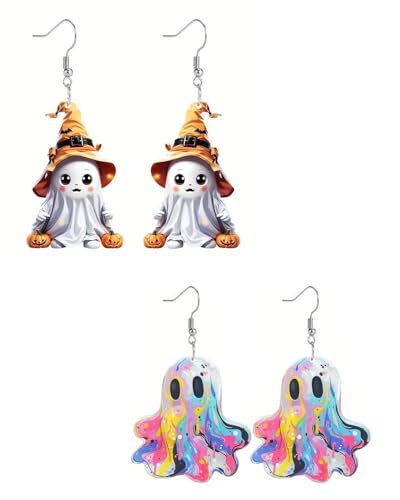 MOPZIJA 2 Paare ghost earrings，Halloween Gespenst Baumeln Ohrringe Blatt Gespenst Ohrringe Regenbogen Gespenst Ohrringe Acryl Gespenst Haken Ohrringe Gespenst Gruselig Ohrringe Schmuck Für Frauen von MOPZIJA