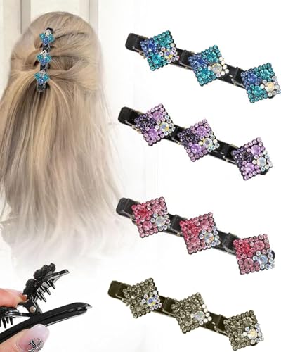 MOPZIJA 4PCS Kolibri Haarspange mit Kristallblume,Strass Haarspange,Vierblättriges Haarnadel-Entenschnabel-Clip,Haarschmuck für Frauen, Geflochtene Haarspange, modische Doppelschicht Mini Haarspangen von MOPZIJA