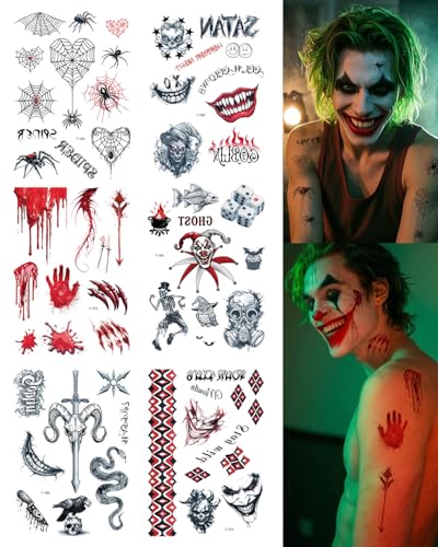 MOPZIJA 6 pcs Joker Tattoos Halloween Make UP Set Cosplay Kostüm Klebetattoos Erwachsene, Klebe Clown Joker Gesicht Tattoos Aufkleber, Fake Joker Temporäre Tattoos Zum Aufkleben Herren Schminke von MOPZIJA