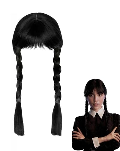 MOPZIJA Addams Perücke für Kinder, Schwarze Geflochtene Perücken, Perücken mit Pony Zopf, Gothic Kostüm Lange Zöpfe Perücken mit Bangs für Cosplay Party Fasching Karneval Halloween，wednesday perücke von MOPZIJA