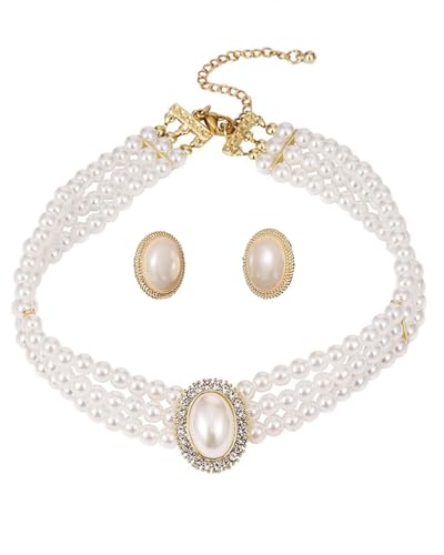 MOPZIJA Vintage Imitation Perlen Halskette,Kurz Multi Schichte Choker Perlenkette,20er Jahre Flapper Gatsby Themed Prom Festival Party Elegant Stil Fasching Kostüm Zubehör，Mit 1 Paar Perlenohrringen von MOPZIJA