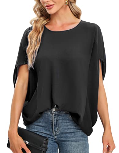 MOQIVGI Dolman Damen-Top, kurzärmelig, trendig, elegant, lässig, U-Ausschnitt, Chiffon-Blusen, Schwarz, Groß von MOQIVGI