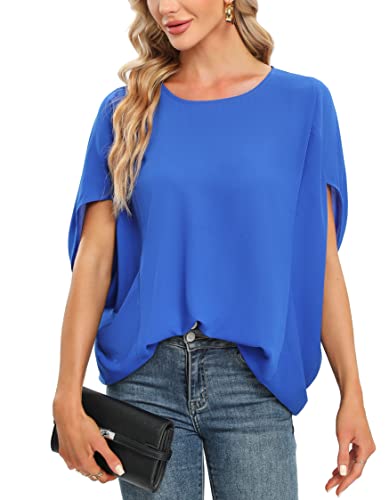 MOQIVGI Dolman Damen-Top, kurzärmelig, trendig, elegant, lässig, U-Ausschnitt, Chiffon-Blusen, Blau, Groß von MOQIVGI