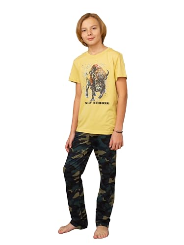 MOR Jungen Schlafanzug Zweiteilig Pyjama Kinder Baumwolle Schlafanzüge Set Nachtwäsche Größe 128-170 (DE/NL/SE/PL, Numerisch, 158, Regular, Gelb) von MOR