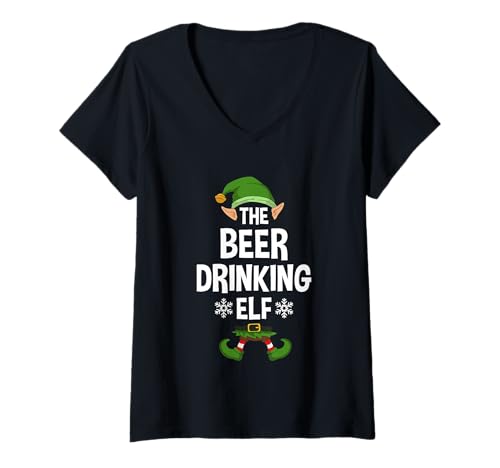 Damen The Beer Drinking Elf Party Family Group Matching X-Mas T-Shirt mit V-Ausschnitt von >>MORE FAMILY XMAS AND CHRISTMAS ELF DESIGNS HERE