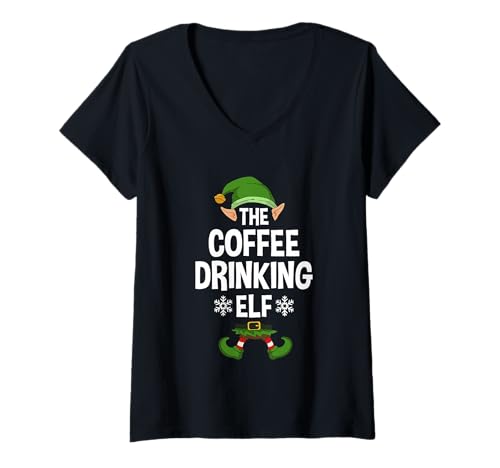 Damen The Coffee Drinking Elf Party Family Group Matching X-Mas T-Shirt mit V-Ausschnitt Damen The Coffee Drinking Elf Party Family Group Matching X-Mas T-Shirt mit V-Ausschnitt von >>MORE FAMILY XMAS AND CHRISTMAS ELF DESIGNS HERE