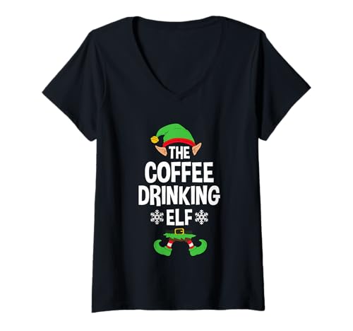 Damen The Coffee Drinking Elf Party Family Group Matching X-Mas T-Shirt mit V-Ausschnitt Damen The Coffee Drinking Elf Party Family Group Matching X-Mas T-Shirt mit V-Ausschnitt von >>MORE FAMILY XMAS AND CHRISTMAS ELF DESIGNS HERE