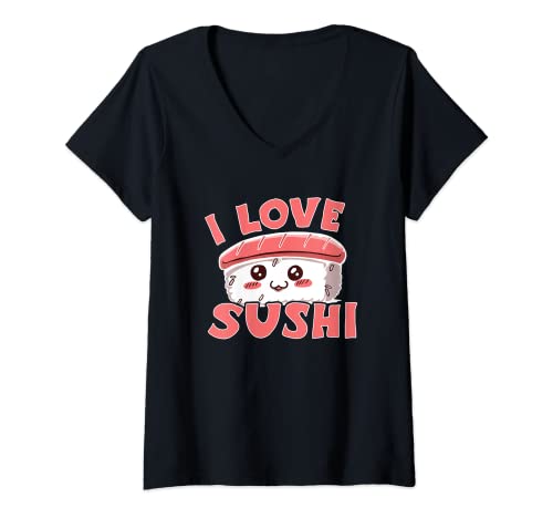 Damen Sashimi Japanisches Essen I Love Sushi Lachs Sushi T-Shirt mit V-Ausschnitt von >>MORE SUSHI LOVERS AND KAWAII SUSHI DESIGNS HERE