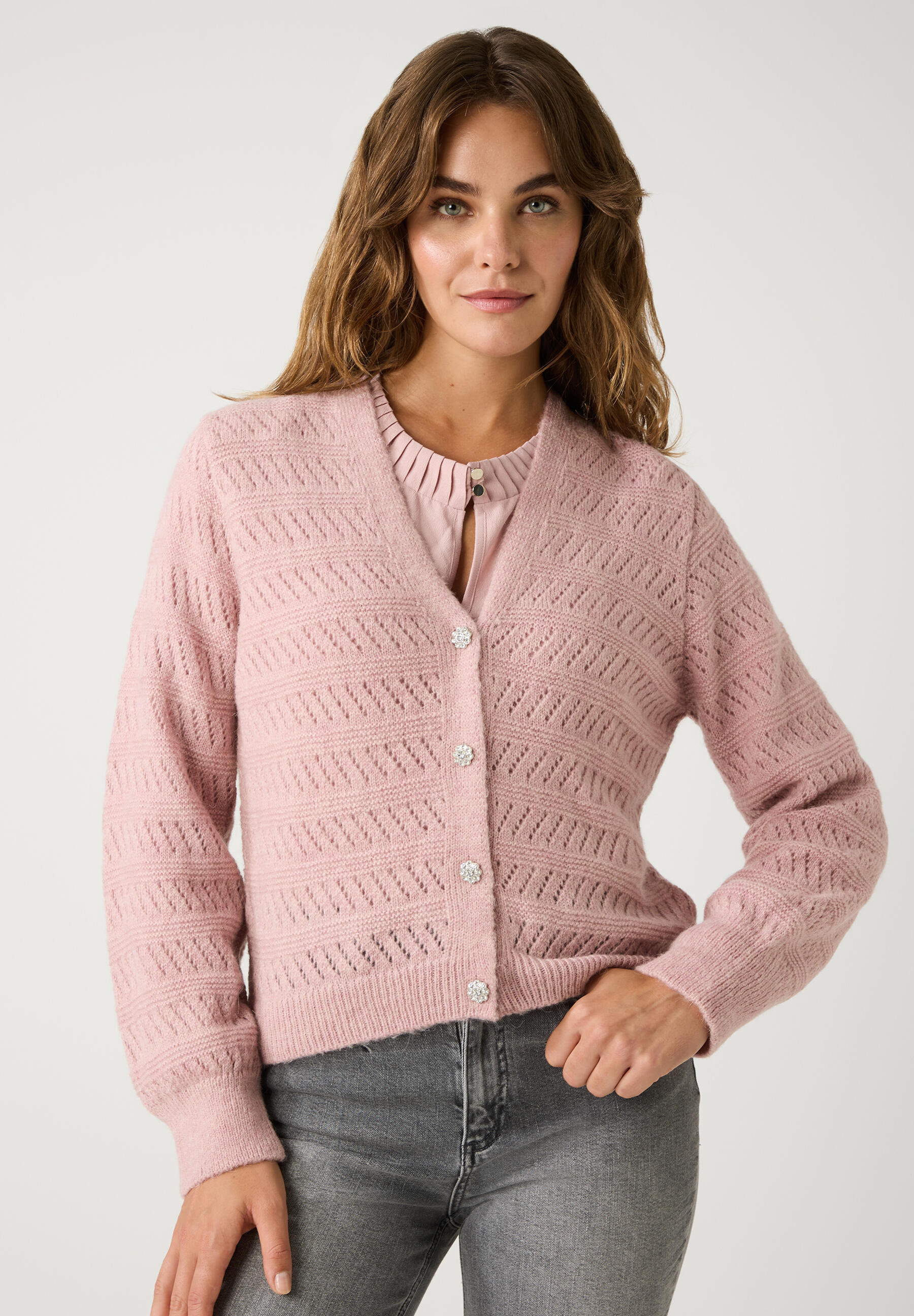MORE & MORE - Ajour-Cardigan mit Glanzknöpfen rosa - Gr. - 44 von MORE & MORE