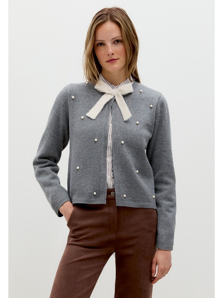 MORE&MORE Strickjacke kurze Feinstrickjacke mit Perlen und Schleife von MORE&MORE