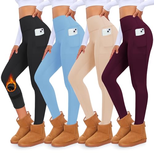 MOREFEEL 4er-Pack Fleece-gefütterte Leggings mit Taschen für Damen, hohe Taille, Bauchkontrolle, Workout, Thermo-Winter-Yogahose von MOREFEEL