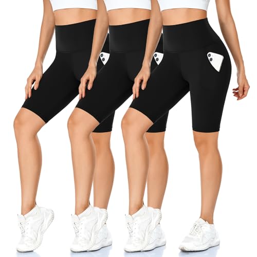 MOREFEEL Damen High Waist Biker Shorts mit Taschen Bauchkontrolle 3er Pack 8 Zoll Workout Athletic Running Gym Yoga Kurze Hosen von MOREFEEL