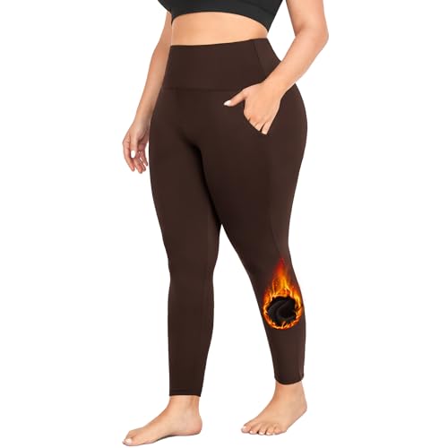 MOREFEEL Leggings in Übergröße, mit Fleece gefüttert mit Taschen, für Damen, Größe XL - 4XL, Thermo-Leggings, für den Winter, Bauchkontrolle, Workout, Yogahose, 03 Fleece Braun, 3X-Groß von MOREFEEL