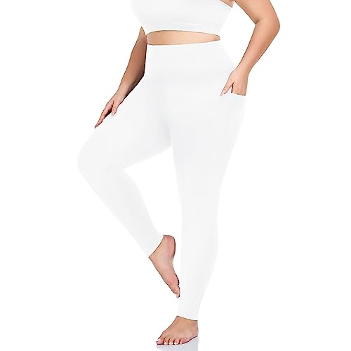 MOREFEEL Leggings in Übergröße für Damen mit Taschen, dehnbar, Größe X-4XL, Bauchkontrolle, hohe Taille, Damen-Leggings, Workout, Yogahose, 03 Weiß, 3X-Groß von MOREFEEL