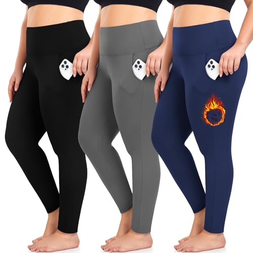 MOREFEEL Thermo-Leggings mit Fleece-Futter und Taschen für Damen, Bauchkontrolle, warme Winter-Yogahose, 3er-Pack, Schwarz, Grau, Marineblau, 4X-Groß von MOREFEEL