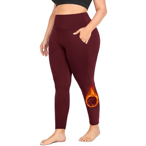 MOREFEEL Übergröße Leggings Fleece gefüttert mit Taschen für Damen XL-4XL Thermo Winter Bauchkontrolle Workout Yoga Hose, 02 Fleece Weinrot, X-Groß von MOREFEEL